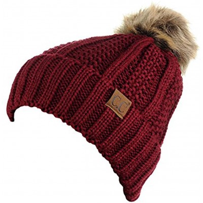 Skullies & Beanies Quality Women's Faux Fur Pom Fuzzy Fleece Lined Slouchy Skull Thick Cable Beanie hat - Burgundy - C9187UX7...