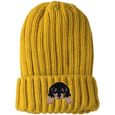 Skullies & Beanies [ Dachshund ] Cute Embroidered Puppy Dog Warm Knit Fleece Winter Beanie Skull Cap - Yellow - CA189RWZYQ6 $...