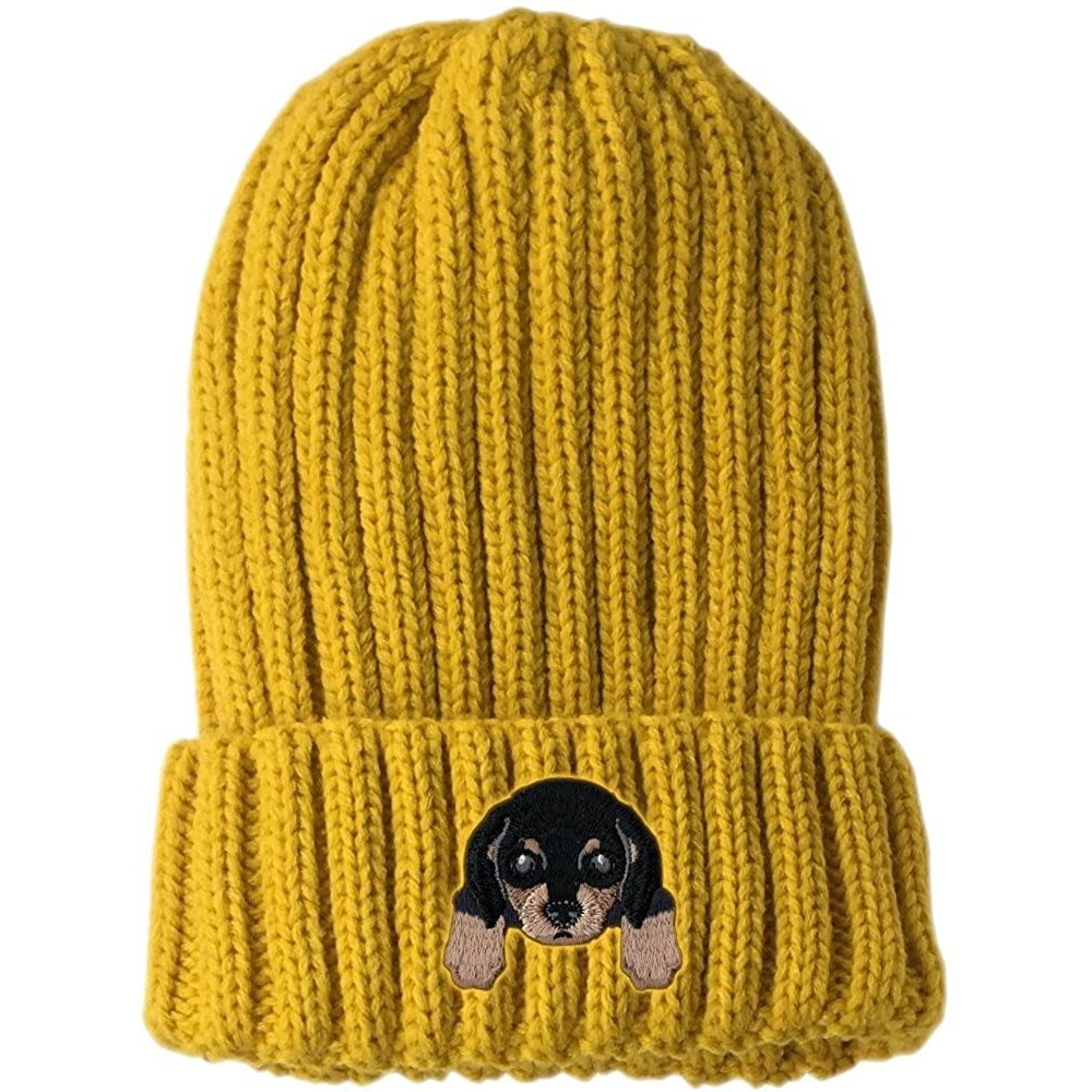 Skullies & Beanies [ Dachshund ] Cute Embroidered Puppy Dog Warm Knit Fleece Winter Beanie Skull Cap - Yellow - CA189RWZYQ6 $...