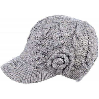 Newsboy Caps Women's Winter Fleece Lined Elegant Flower Cable Knit Newsboy Cabbie Hat - Light Gray Cable Flower - CB18IIK2SON...