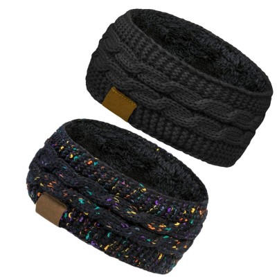 Cold Weather Headbands Cable Knit Fuzzy Lined Head Wrap Headband Ear Warmer (2 Pack - Black & Black Mix) - 2 Pack - Black & B...