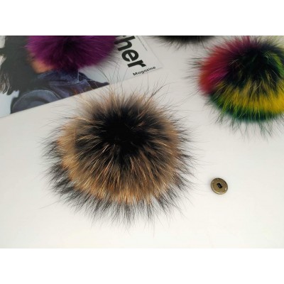 Skullies & Beanies 5" Real Raccoon Fur Pom Pom with Press Snap Button for Knitted Hat Beanie Hats (Orange top) - Orange Top -...