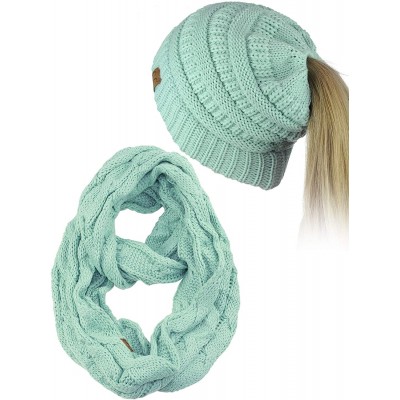 Skullies & Beanies BeanieTail Messy High Bun Cable Knit Beanie and Infinity Loop Scarf Set - Mint - CJ18KIK34YX $24.97