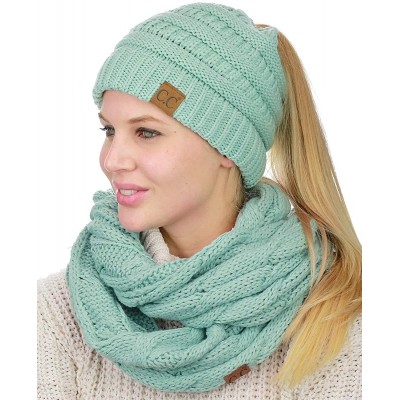 Skullies & Beanies BeanieTail Messy High Bun Cable Knit Beanie and Infinity Loop Scarf Set - Mint - CJ18KIK34YX $24.97