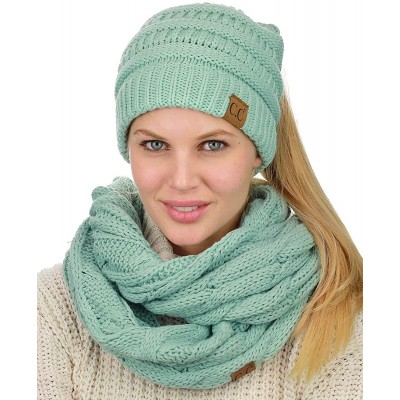 Skullies & Beanies BeanieTail Messy High Bun Cable Knit Beanie and Infinity Loop Scarf Set - Mint - CJ18KIK34YX $24.97