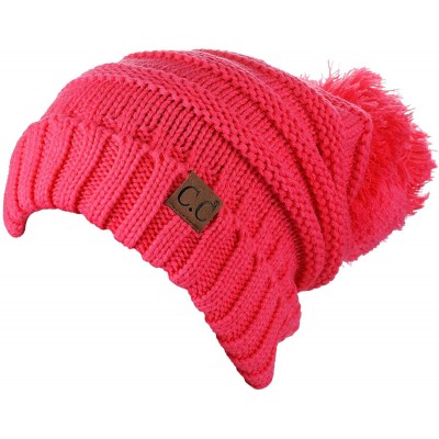 Skullies & Beanies Pom Pom Oversized Baggy Slouchy Thick Winter Beanie Hat - New Candy Pink - C418R57RYTO $12.56