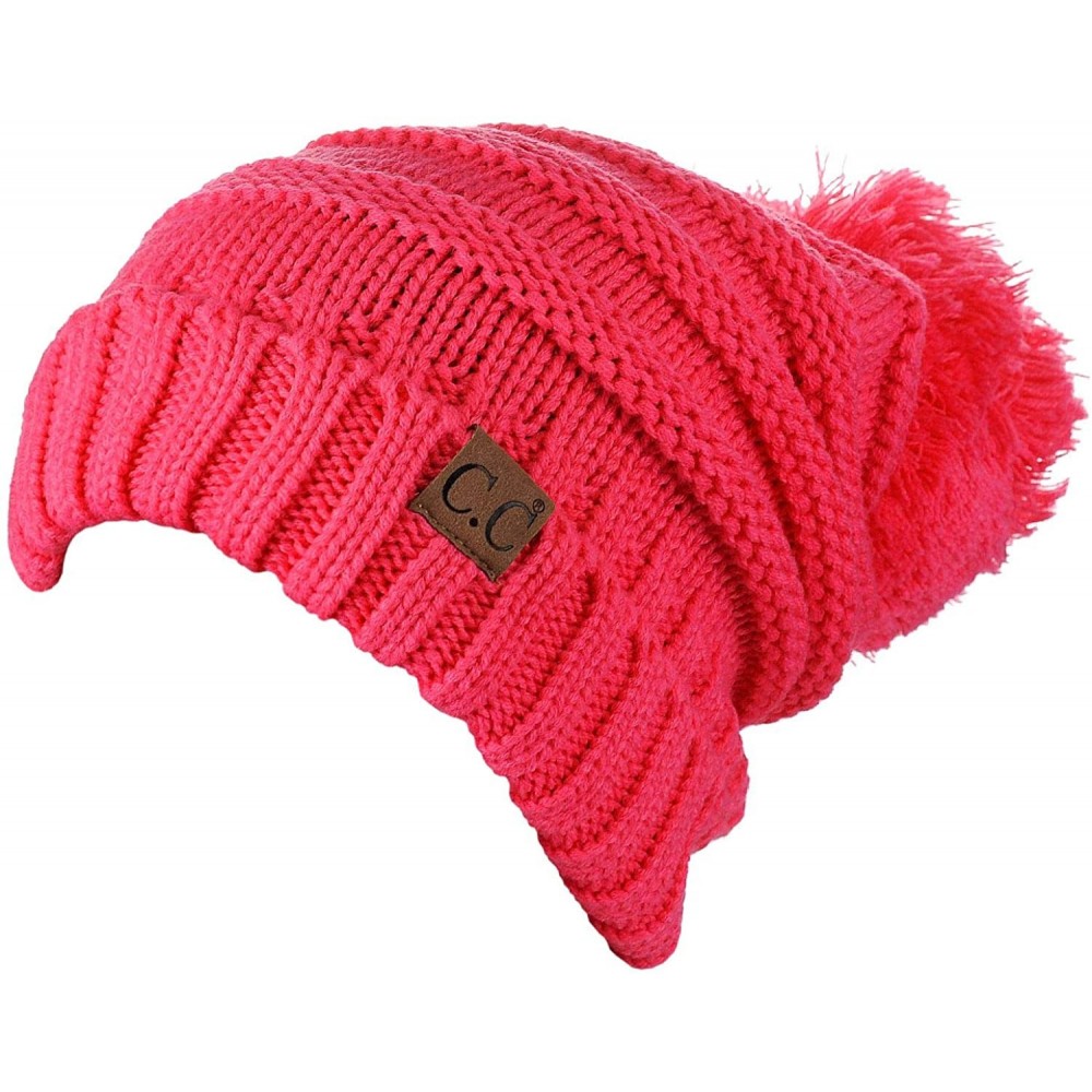 Skullies & Beanies Pom Pom Oversized Baggy Slouchy Thick Winter Beanie Hat - New Candy Pink - C418R57RYTO $12.56