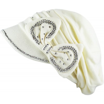 Skullies & Beanies Womens Knit Visor Beanie Cap with Ribbon and Rhinestone Hat - Ivory - CN12KL3HCYJ $16.16