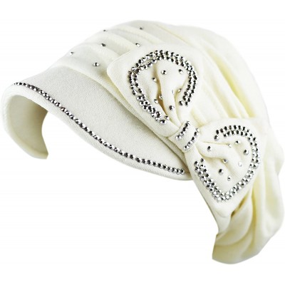 Skullies & Beanies Womens Knit Visor Beanie Cap with Ribbon and Rhinestone Hat - Ivory - CN12KL3HCYJ $16.16