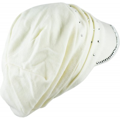 Skullies & Beanies Womens Knit Visor Beanie Cap with Ribbon and Rhinestone Hat - Ivory - CN12KL3HCYJ $16.16