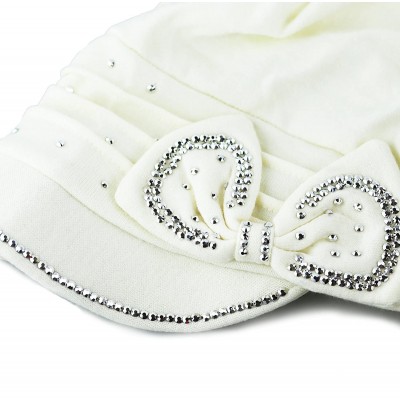 Skullies & Beanies Womens Knit Visor Beanie Cap with Ribbon and Rhinestone Hat - Ivory - CN12KL3HCYJ $16.16