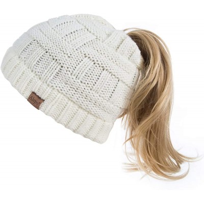 Skullies & Beanies Womens High Messy Bun Beanie Hat with Ponytail Hole- Winter Warm Trendy Knit Ski Skull Cap - White - CH18X...