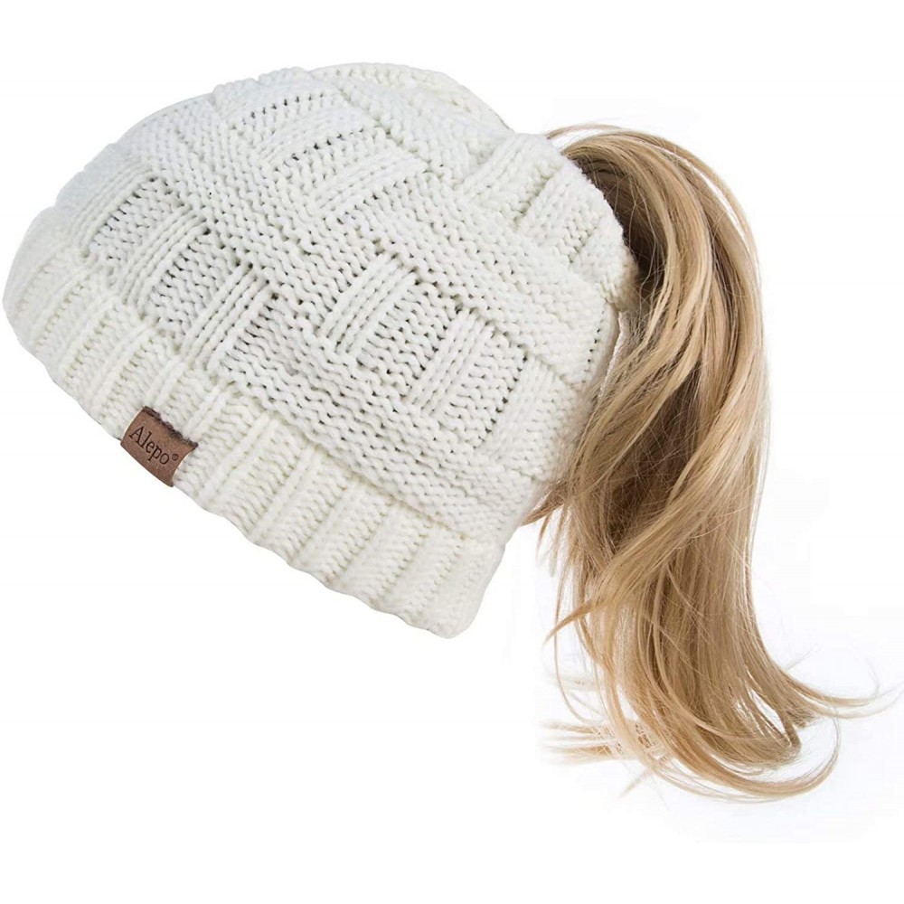 Skullies & Beanies Womens High Messy Bun Beanie Hat with Ponytail Hole- Winter Warm Trendy Knit Ski Skull Cap - White - CH18X...