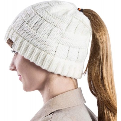 Skullies & Beanies Womens High Messy Bun Beanie Hat with Ponytail Hole- Winter Warm Trendy Knit Ski Skull Cap - White - CH18X...