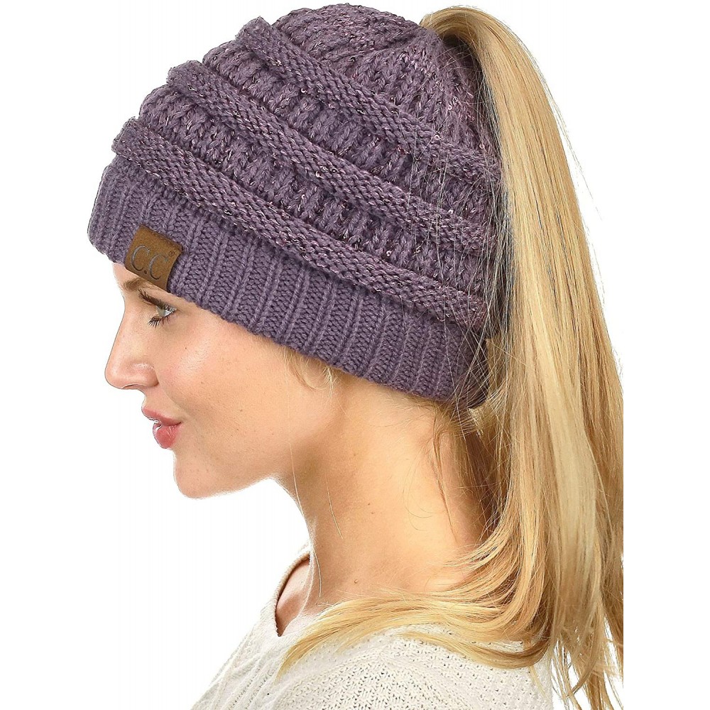 Skullies & Beanies BeanieTail Sparkly Sequin Cable Knit Messy High Bun Ponytail Beanie Hat - Violet - C318HD9ON36 $14.09