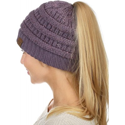 Skullies & Beanies BeanieTail Sparkly Sequin Cable Knit Messy High Bun Ponytail Beanie Hat - Violet - C318HD9ON36 $14.09