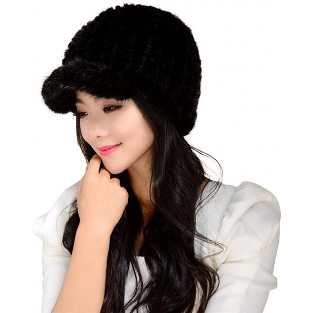 Skullies & Beanies Women's Knitted Mink Fur Hat for Winter Snow Ski Caps with Visor - Black - CB1255CBQWF $32.34