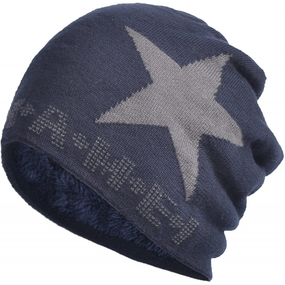 Skullies & Beanies Star Knit Winter Slouch Beanie Hat Warm Villus Lined Skull Ski Cap - Navy - CY126CFDLEF $14.56