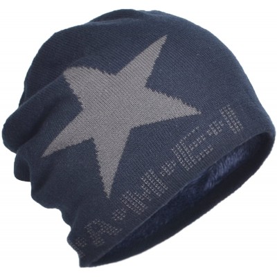 Skullies & Beanies Star Knit Winter Slouch Beanie Hat Warm Villus Lined Skull Ski Cap - Navy - CY126CFDLEF $14.56