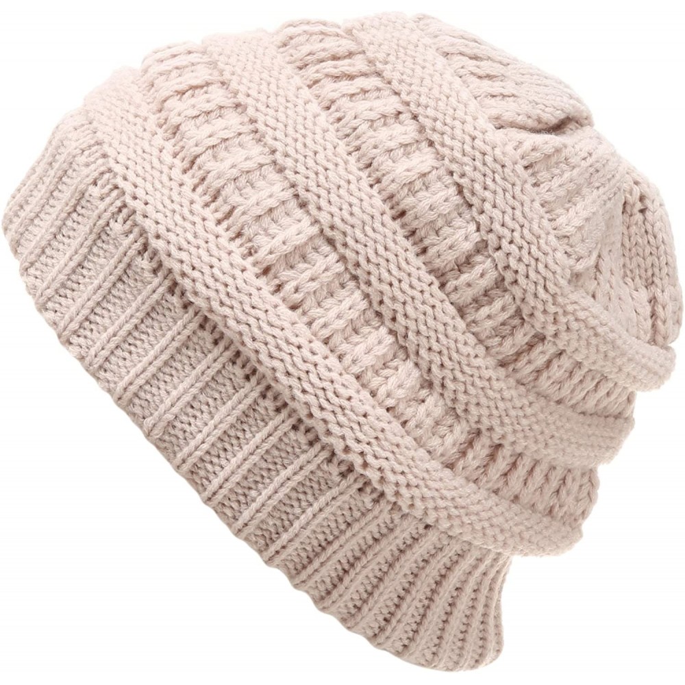 Skullies & Beanies Women's Soft Warm Stretch Ribbed Knit Winter Skull Cap Beanie Hat with Soft Sherpa Lining - Beige - CD18KZ...