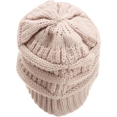Skullies & Beanies Women's Soft Warm Stretch Ribbed Knit Winter Skull Cap Beanie Hat with Soft Sherpa Lining - Beige - CD18KZ...