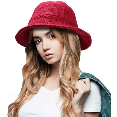 Bucket Hats Winter Bucket Hat- Women's Warm Knitted Hats Cloche Bucket Hat Knitted Wool Blend Foldable Hat for Women - Red - ...