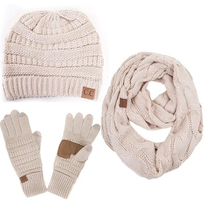 Skullies & Beanies 3pc Set Trendy Warm Chunky Soft Stretch Cable Knit Beanie- Scarves and Gloves Set - Beige - CB18H6N4632 $4...