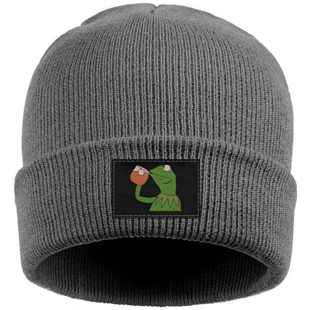 Skullies & Beanies Mens Womens Warm Solid Color Daily Knit Cap Funny-Green-Frog-Sipping-Tea Headwear - Gray-4 - C518NE0EKLT $...