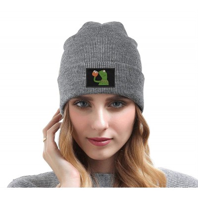 Skullies & Beanies Mens Womens Warm Solid Color Daily Knit Cap Funny-Green-Frog-Sipping-Tea Headwear - Gray-4 - C518NE0EKLT $...