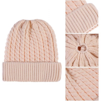 Skullies & Beanies Womens Ponytail Messy Bun Beanie Winter Warm Stretchy Cable Knit Cuffed Beanie Hat Cap - Beige - CA18ZZY8M...