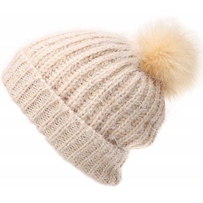 Skullies & Beanies Women's Soft Chunky Scattered Sequin Fuzzy Cable Knit Faux Pom Pom Beanie hat with Sherpa Lined - Beige - ...