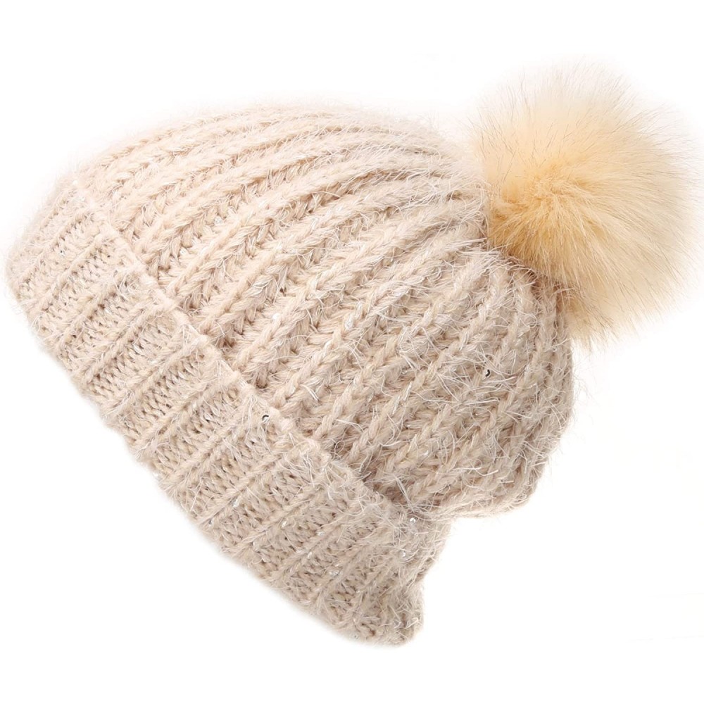 Skullies & Beanies Women's Soft Chunky Scattered Sequin Fuzzy Cable Knit Faux Pom Pom Beanie hat with Sherpa Lined - Beige - ...