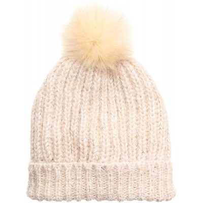 Skullies & Beanies Women's Soft Chunky Scattered Sequin Fuzzy Cable Knit Faux Pom Pom Beanie hat with Sherpa Lined - Beige - ...