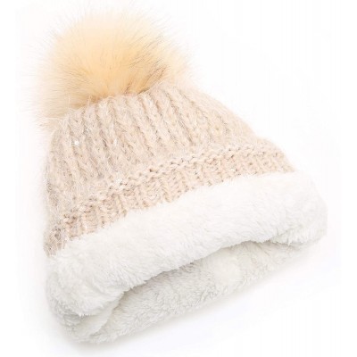 Skullies & Beanies Women's Soft Chunky Scattered Sequin Fuzzy Cable Knit Faux Pom Pom Beanie hat with Sherpa Lined - Beige - ...