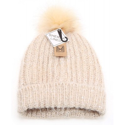Skullies & Beanies Women's Soft Chunky Scattered Sequin Fuzzy Cable Knit Faux Pom Pom Beanie hat with Sherpa Lined - Beige - ...