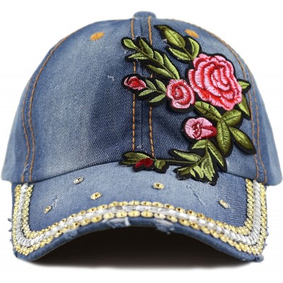 Baseball Caps 200 Bling Jewel Rhinestone Rose Patch Washed Denim Baseball Cap - 31. Rose Gold-3 - C918RD58KUA $12.18