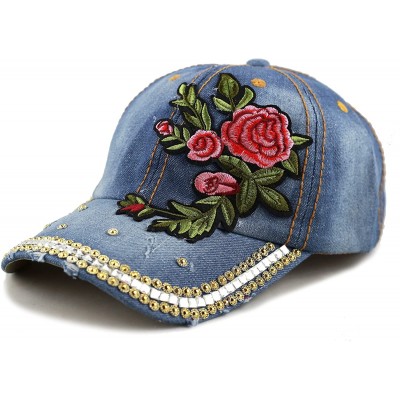 Baseball Caps 200 Bling Jewel Rhinestone Rose Patch Washed Denim Baseball Cap - 31. Rose Gold-3 - C918RD58KUA $12.18