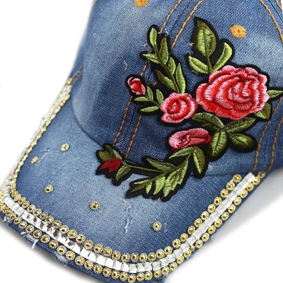 Baseball Caps 200 Bling Jewel Rhinestone Rose Patch Washed Denim Baseball Cap - 31. Rose Gold-3 - C918RD58KUA $12.18