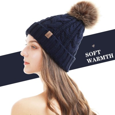 Skullies & Beanies Women Winter Pompom Beanie Hat with Warm Fleece Lined- Thick Slouchy Snow Knit Skull Ski Cap - 1 Dark Blue...