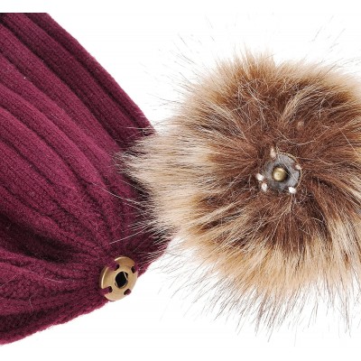Skullies & Beanies Women's Winter Warm Ribbed Knit Cuff Beanies Hat Faux Fur Pom Pom Skullies caps - Burgundy- With Black Cuf...