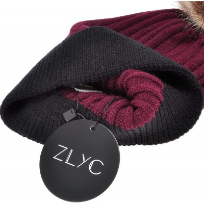 Skullies & Beanies Women's Winter Warm Ribbed Knit Cuff Beanies Hat Faux Fur Pom Pom Skullies caps - Burgundy- With Black Cuf...