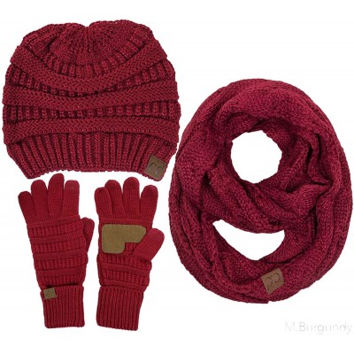 Skullies & Beanies 3pc Set Trendy Warm Chunky Soft Stretch Cable Knit Beanie Scarves Gloves Set - Burgundy - C3187GLEW3K $81.42