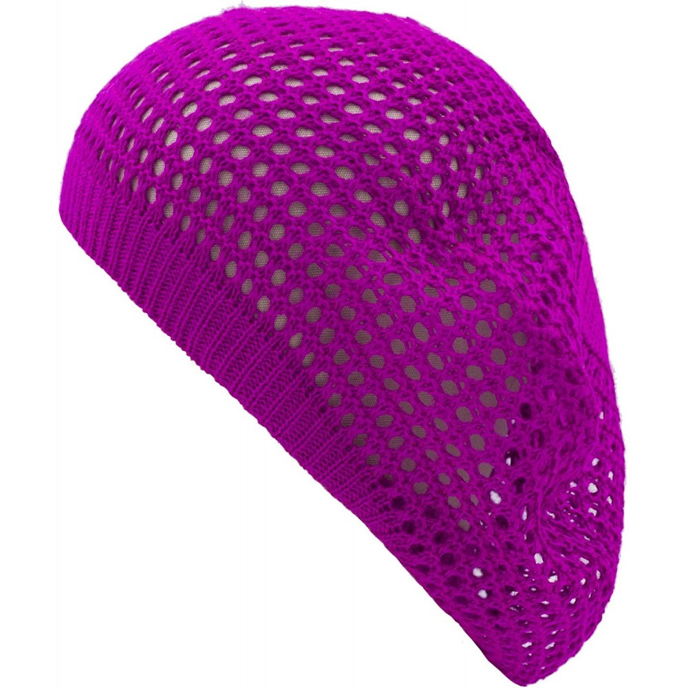 Berets Womens Lightweight Cut Out Knit Beanie Beret Cap Crochet Hat - Many Styles - Fuchsia Pink Open Knit - C512LCQ57EB $10.77