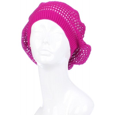 Berets Womens Lightweight Cut Out Knit Beanie Beret Cap Crochet Hat - Many Styles - Fuchsia Pink Open Knit - C512LCQ57EB $10.77