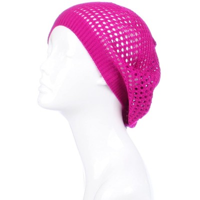 Berets Womens Lightweight Cut Out Knit Beanie Beret Cap Crochet Hat - Many Styles - Fuchsia Pink Open Knit - C512LCQ57EB $10.77