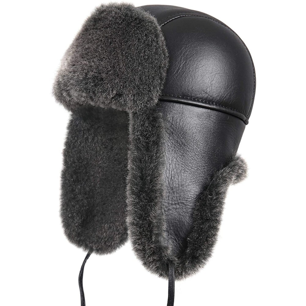 Bomber Hats Women's Shearling Sheepskin Aviator Russian Trapper Fur Winter Hat - Black - CM11NH5I2QV $94.31
