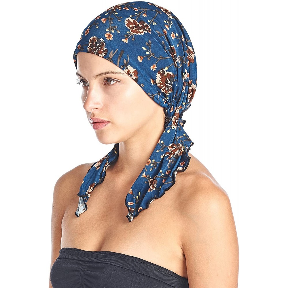 Skullies & Beanies Pre Tied Bandana Turban Chemo Head Scarf Sleep Hair Cover Hat - Denim Brown Floral - CK1864209OO $13.15