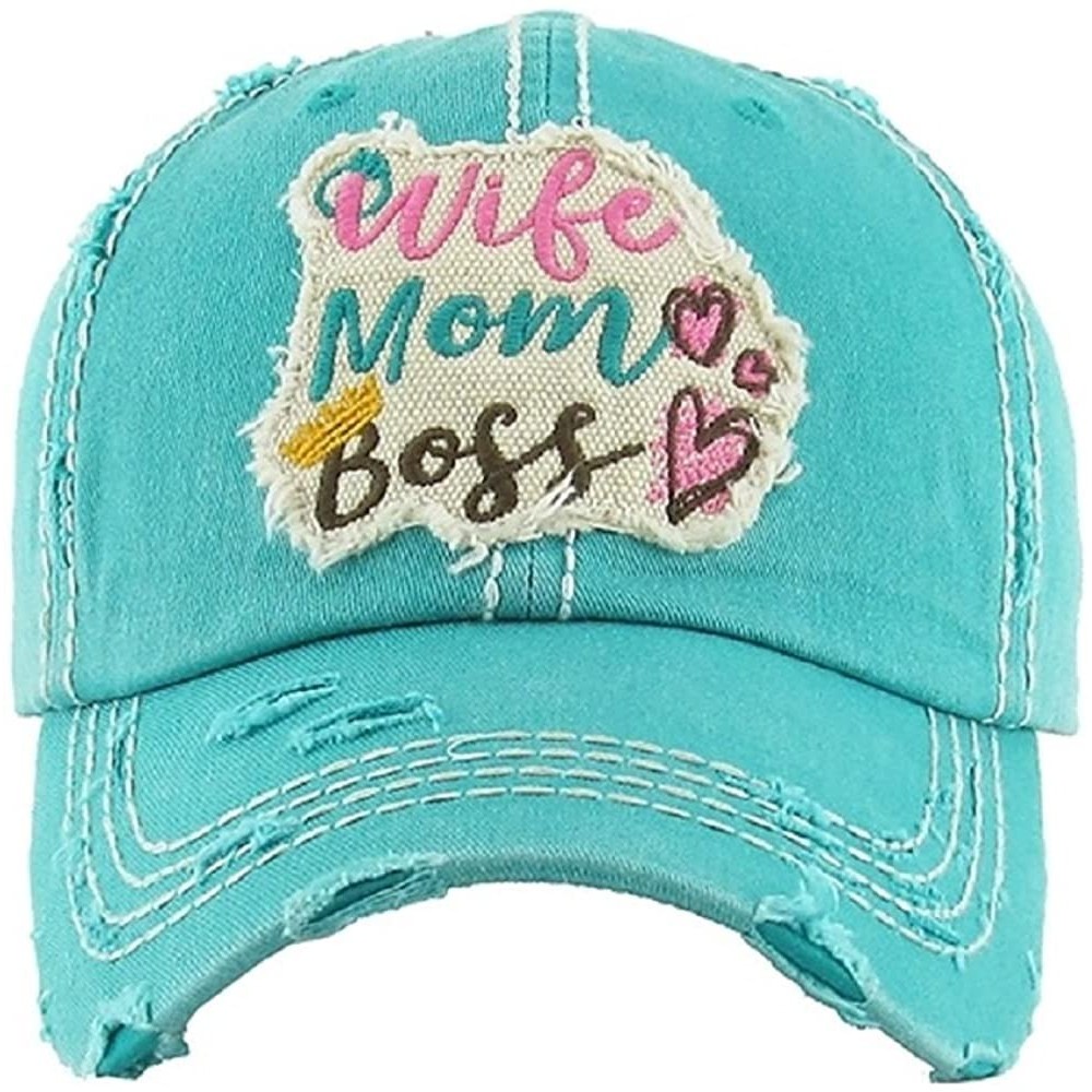 Baseball Caps Adjustable Wife Mom Boss Vintage Distress Heart Crown Hat Cap Pink Blue - Turquoise Blue - CA18E5NCMKQ $19.07