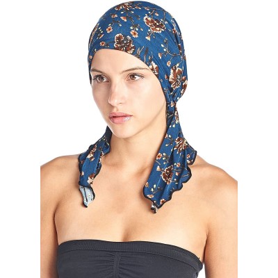Skullies & Beanies Pre Tied Bandana Turban Chemo Head Scarf Sleep Hair Cover Hat - Denim Brown Floral - CK1864209OO $13.15