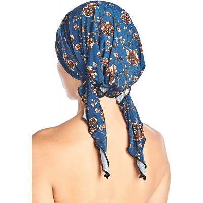 Skullies & Beanies Pre Tied Bandana Turban Chemo Head Scarf Sleep Hair Cover Hat - Denim Brown Floral - CK1864209OO $13.15